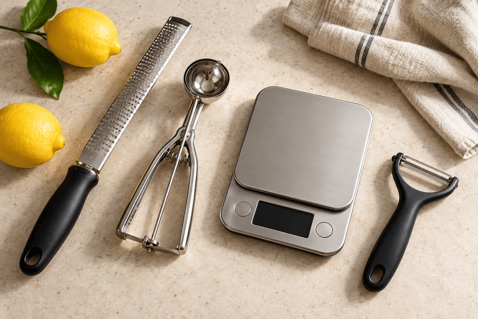 A zester, cookie scoop, digital kitchen scale, and peeler arranged with lemons and a linen towel.