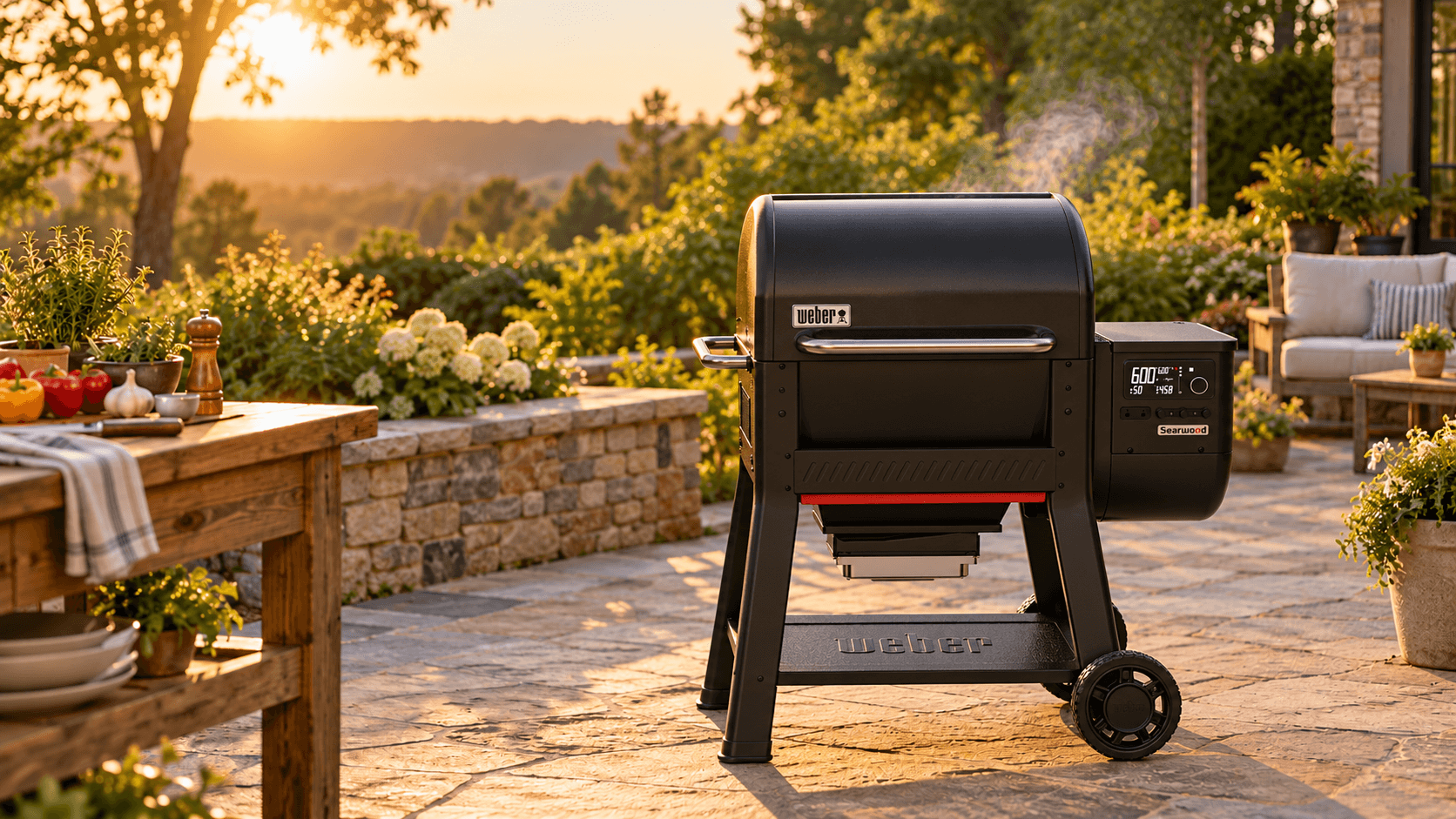 Weber Searwood 600 pellet grill on a backyard stone patio in warm evening light